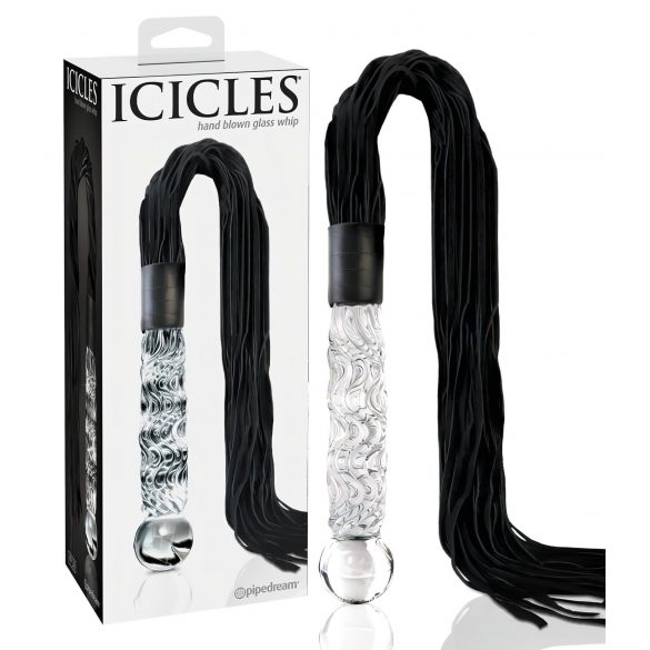 Icicles No. 38 - Lasi-dildo nahkapiiskalla (läpinäkyvä-musta)