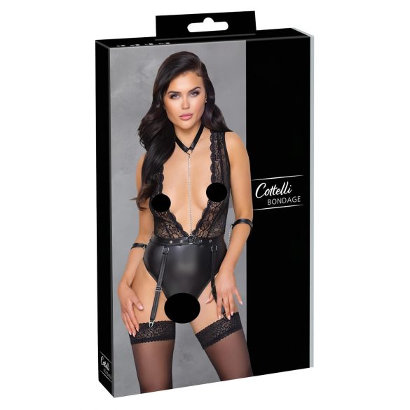 Cottelli Bondage - pitsibodysuit kaulapannalla (musta) - M